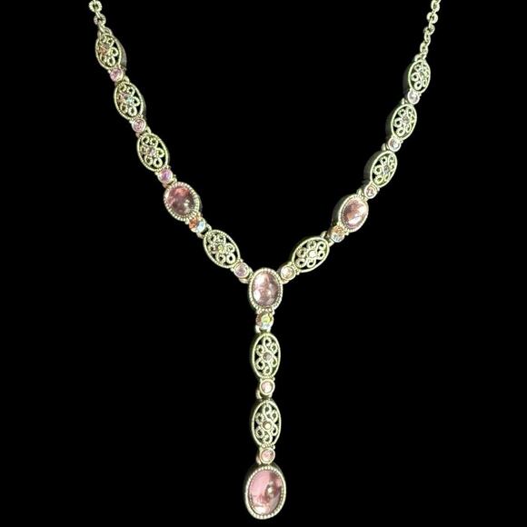 VTG Avon Silver Plate Filigree Cabochon AB Rhinstone Y Drop Lavaliere Necklace - Picture 1 of 16